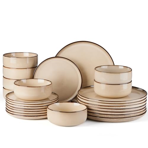 E-far 24-Piece Plates and Bowls Set, Stoneware Dinnerware Sets for 8, Reactive Glaze Ceramic Dinning Ware Dishes, Microwave & Dishwasher Safe - Sandy Beige - color: Sandy Beige, size: Service for 8