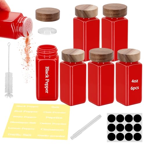 6Pcs 4 oz Square Glass Spice Jars with Label, Empty Spice Containers with Wooden Lids, Square Seasoning Containers and Supplement Set, Small Seasoning Bottles for Salt, Sugar, Pepper (Red) - color: Red