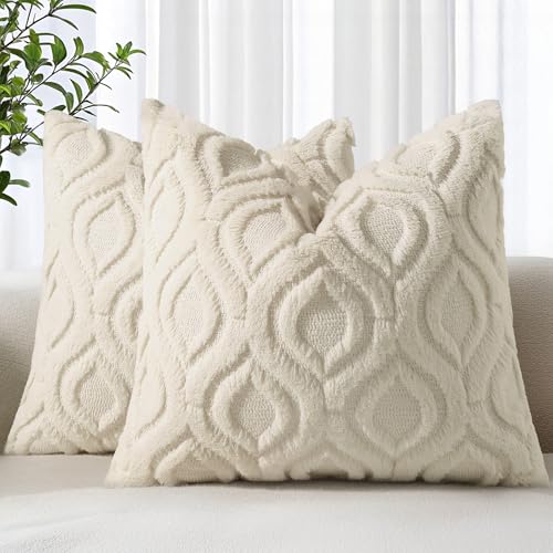 decorUhome Soft Plush Faux Wool Throw Pillow Covers 20X20 Inch Set of 2, Beige, Boucle Plaid Check Faux Fur Throw Pillow Covers 20x20 Inch Set of 2, Autumnal