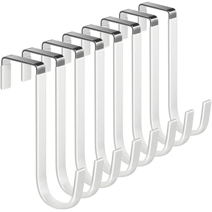 Single Over Door Steel Hooks 8 Pack Fit 1-3/8" Door 5.5" White | Plastic Coated Rubber Feel Towel Rack Robe Coat Shoe Wreath Hanger No Damage No Scratch for Bathroom Heavy Duty Thin Top