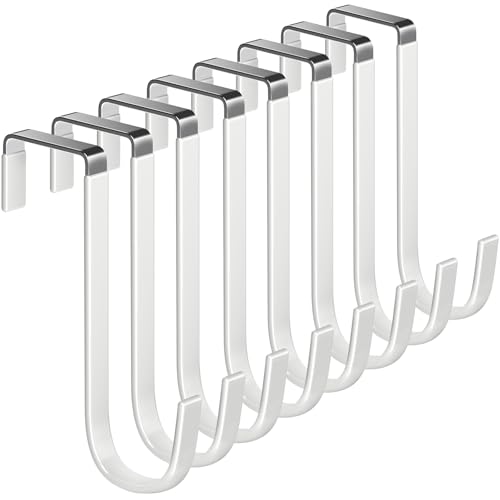 Single Over Door Steel Hooks 8 Pack Fit 1-3/8" Door 5.5" White | Plastic Coated Rubber Feel Towel Rack Robe Coat Shoe Wreath Hanger No Damage No Scratch for Bathroom Heavy Duty Thin Top