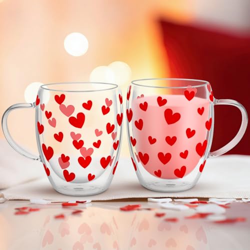 JarThenaAMCS Valentine' s Day Double Wall Glass Coffee Mugs Insulated Glasses 12Oz Red Heart Clear Espresso Cups with Handle for Home Holiday Supplies, Set of 2 - style: Red Heart