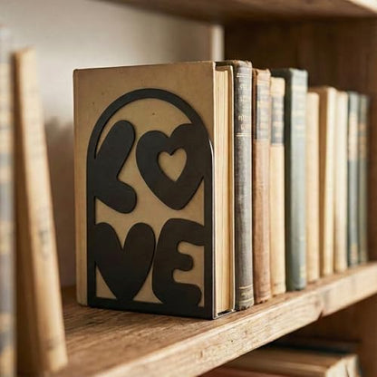 Decorative Book Ends, 2 Pcs Love Decor Metal Bookends Rectangular Black Bookends for Shelf Decoration and Book Organization - style: Love