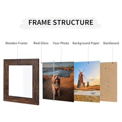5x5 Collage Picture Frames Set of 2, Rustic Wooden Real Glass Vertical Hanging 3 Opening 5 by 5 Photo Frame, Distressed Brown - color: Distressed Brown, size: Vertical-5x5 in