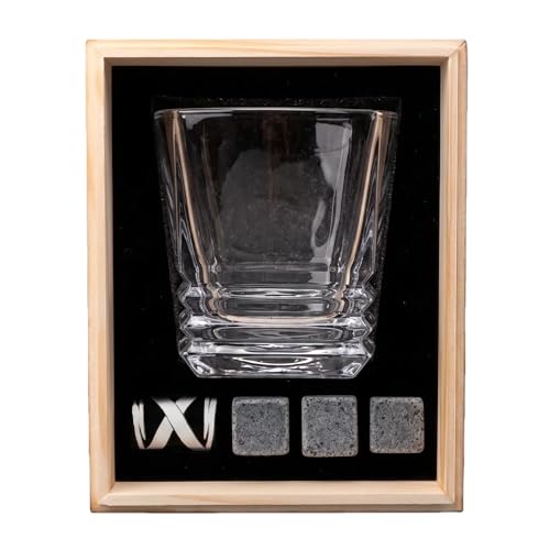 XRUSTAL Whiskey Glass Gift Set for Men, 10.5 oz Old Fashioned Crystal Glass with 3 Stone Whiskey Chilling Rocks, Bag and Wooden Gift-Ready Box, Bourbon Scotch Gift for Dad Husband Boyfriend (Wave)