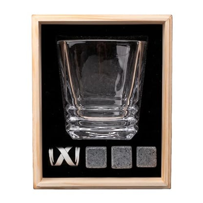 XRUSTAL Whiskey Glass Gift Set for Men, 10.5 oz Old Fashioned Crystal Glass with 3 Stone Whiskey Chilling Rocks, Bag and Wooden Gift-Ready Box, Bourbon Scotch Gift for Dad Husband Boyfriend (Wave)