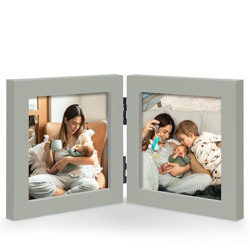 4x4 Square Double Picture Frame, Grey Clean-Lined Wood Frame | Foldable hinged design, holds two 4 x 4 photos, 3.5x3.5 visible openings for tabletop or wall display - color: Grey, size: 2-4x4