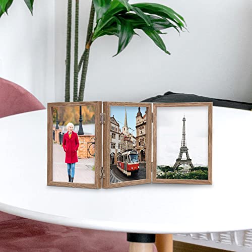 3 Picture Frame 4x6 Triple Hinged MDF Wood Grain with Glass Front Three Opening Photo Frame Stand Vertical on Tabletop | Trifold Photo Frame, Hinged Foldable, Crystal Clear Real Glass - color: Wood Grain, size: 4x6