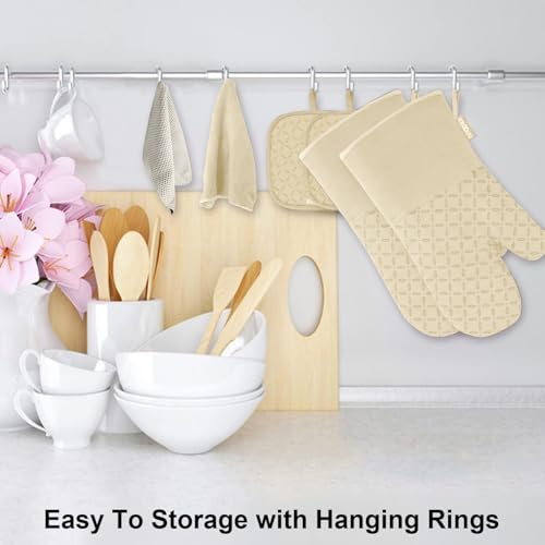 KEGOUU Oven Mitts and Pot Holders 6pcs Set, Kitchen Oven Glove High Heat Resistant 500 Degree Extra Long Oven Mitts and Potholder with Non-Slip Silicone Surface for Cooking (Beige) - color: Beige