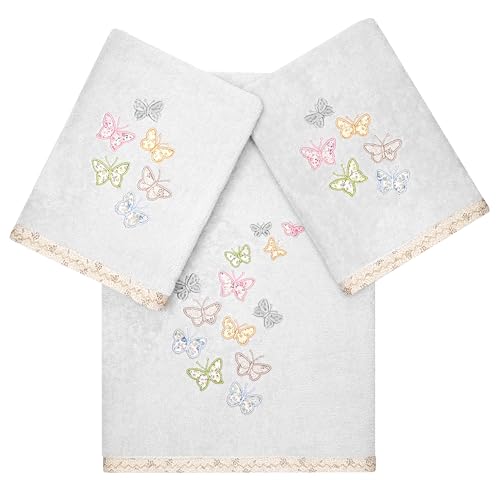 Frolic 3-Piece Towel Set, Exquisite Embroidered Butterflies, 100% Turkish Cotton, Ultra Absorbent, Cottage Decor, 1 Bath 2 Hand Towels, Silver - color: Silver, size: 1 Pc Bath 2 Pcs Hand Towel