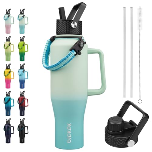 BJPKPK 40oz Insulated Water Bottle with Handle & Straw Lid, Stainless Steel | Vacuum Insulated with Straw Lid & Spout Lid, Paracord Strap, Keep Cold & Hot, Leak-Proof, BPA-Free, for Gym, Hiking, Travel - color: Mint, style: 40oz-Side Handle