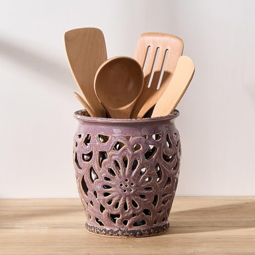 Farmhouse Kitchen Utensil Holder for Kitchen Counter, Ceramic Large Cooking Utensil Crock with Cork Mat, Decorative Rustic Utensil Organizer for Countertop, Spatula, Antique Purple - color: 16148-Purple
