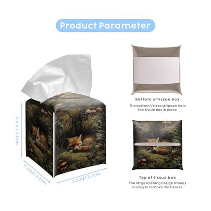 Sleeping Fox Tissue Box Cover, 5.2 Inch PU Leather Square Holder | PU leather tissue box cover with sleeping fox woodland design, hand-stitched detail, and removable liner for home or office. - color: Sleeping Fox