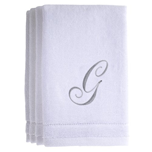 Monogrammed Towels Fingertip, Personalized Gift, 11 x 18 Inches - Set of 4- Silver Embroidered Towel - Extra Absorbent 100% Cotton- Soft Velour Finish - For Bathroom/ Kitchen/ Spa- Initial G (White) - color: G