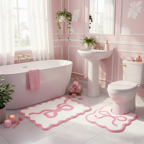 Pink Bow Bathroom Rug Set, 2-Piece Bow Bath Mat and U-Shaped Toilet Rug | Coordinated Tub-and-Toilet Styling; Scalloped Edges; Plush Microfiber; 16 X 24 In + 24 X 20 In; TPR Backing; Washable - color: Pink Bow
