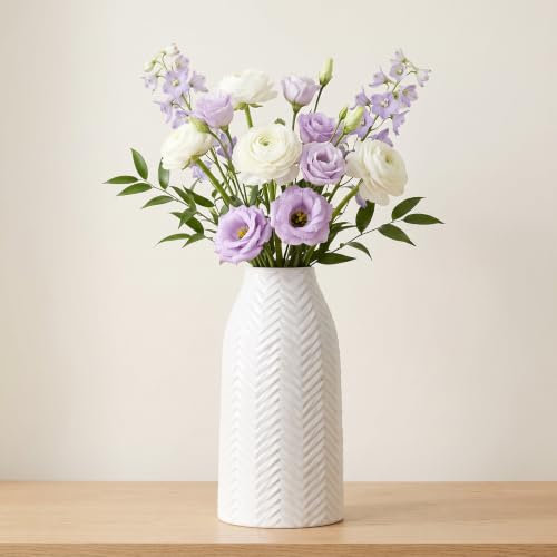hjn White Vase for Flowers Ceramic Vase for Decor, Modern Decorative Tall Vases for Your Kitchen/Office/Living Room/Bookshelf/Mantel - White Texture(Medium) - size: 6D'' x 12"H
