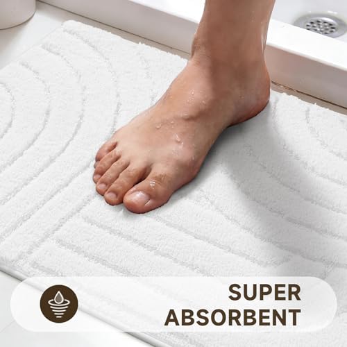 Pauwer Bathroom Rugs Sets 5 Piece, Absorbent Non Slip Bath Mat Set, White | Machine Washable, Microfiber Plush, Quick Dry Runner, U Shaped Contour Toilet Rugs, Shower Mats and Toilet Lid Cover - color: White