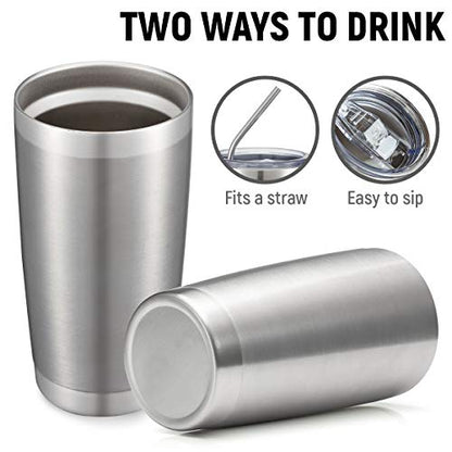 COMOOO 20oz Stainless Steel Tumbler Bulk Double Wall Vacuum Coffee Cup Insulated Travel Mug with Lid and Straw Durable Powder Coated Insulated Coffee Cup for Cold & Hot Drinks (silver, 4 pack - color: Silver
