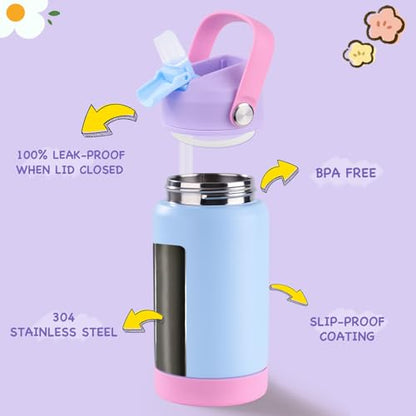 Kerilyn 12oz Kids Water Bottle 2 Pack, Stainless Steel Insulated Water Bottle Bulk, Toddler Cups with Straws Leak-Proof, Kids Water Bottles for School Boys Girls, Cerulean + Charm Pink 2 Piece Set - color: A. Cerulean+Charm Pink
