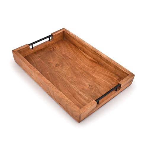 Tray with Metal Handles Acacia Wood Serving Tray Decorative Ottoman Coffee Table Tray for Living Room Kitchen Food Tray (15" X 10" X 1.6")