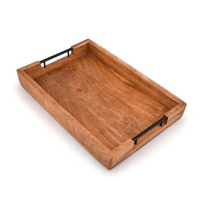 Tray with Metal Handles Acacia Wood Serving Tray Decorative Ottoman Coffee Table Tray for Living Room Kitchen Food Tray (15" X 10" X 1.6")