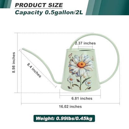Berry&Bird 2L Long Spout Watering Can, Stainless Steel (Bellis Perennis) | 2L stainless steel watering can, long narrow spout, elegant print, curved handle, leakproof, houseplant watering & decor - color: Bellis Perennis