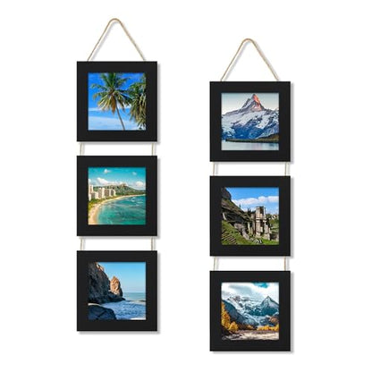5x5 Collage Picture Frames Set of 2, Rustic Wooden Real Glass Vertical Hanging 3 Opening 5 by 5 Photo Frame, Black - color: Black, size: Vertical-5x5 in