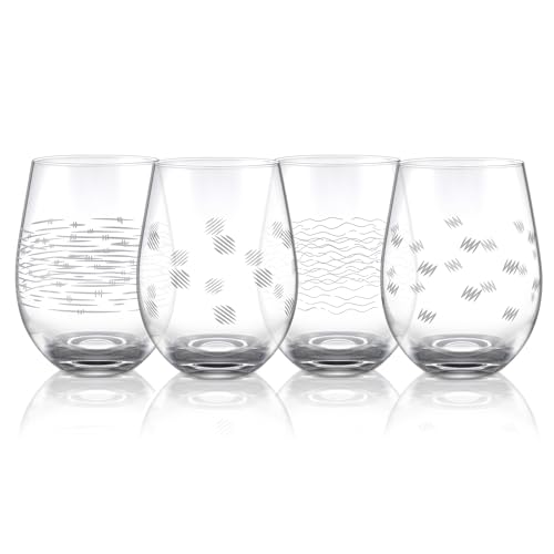 Joeyan Etched Stemless Wine Glasses,Hand Blown Drinking Glass Cups Wine Tumbler with Line Patterns,Carved Large Cocktail Whiskey Glasses,Gift for Party Wedding,4 Pack,17.5 oz,Dishwasher Safe - color: Geometry Theme