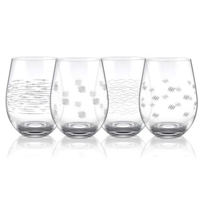 Joeyan Etched Stemless Wine Glasses,Hand Blown Drinking Glass Cups Wine Tumbler with Line Patterns,Carved Large Cocktail Whiskey Glasses,Gift for Party Wedding,4 Pack,17.5 oz,Dishwasher Safe - color: Geometry Theme