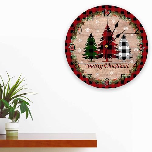Christmas Silent PVC Wall Clock 10 Inch Red Black Buffalo Plaid Round Wall Clock Xmas Tree Snowflake Retro Wood Grain Hanging Clock for Kitchen Battery Operated Living Room Christmas Clock - color: Christmascbt5114, size: 10x10inch(25x25cm)