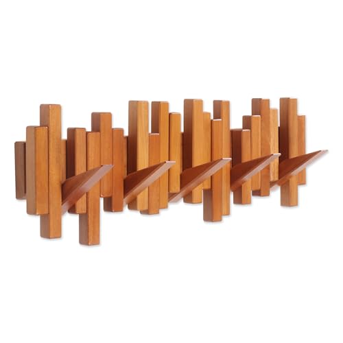 Coat Rack Wall Mount Piano Flip Down Wall Hook Rack 5 Hooks Cherry | Natural Wood Handmade Unique Hanger for Coats Bag Hat Umbrella key Wall Art In the foyer living room bedroom bathroom office - color: Cherry