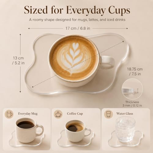 Cinnvoice 4 Pcs Acrylic Coasters Decorative Plates Clear Cloud Shape Coffee Cup Coaster with 1 Pcs Holder Decorative Plates Clear Coaster for Home Office Desk, Accessory for Desktop Protection