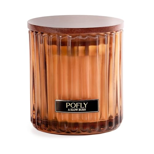 Amber Sandalwood Scented Candle, 5.29 oz Soy Wax Blend for Home | Warm Amber Sandalwood scent in hand-poured soy wax blend, ribbed amber glass, solid wood lid and metal plaque for home decor - color: Amber Sandalwood