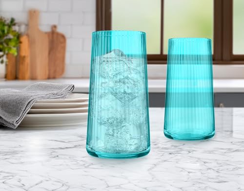 ARTLAND Soho Optic 16 Piece Glassware Set - Durable Glasses for Every Occasion - Champagne, Double Old Fashion, Goblet, Highball Glasses, Barware Essentials for Entertaining & Gifting (Turquoise) - color: Light Turquoise, style: 16-Piece Glassware Set