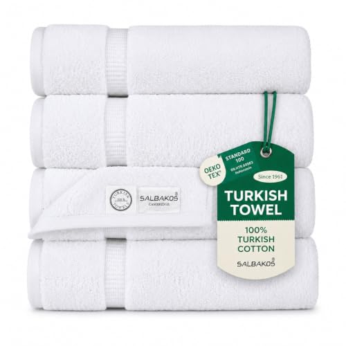SALBAKOS 4-Piece 100% Turkish Cotton Bath Towels, 27x54 inch, White | Standard Size, 630 Gsm Thick Super Soft Highly Absorbent Quick-Dry Bathroom Towel, Premium Hotel & Spa Quality Made in Turkey - color: White, size: 4 Bath Towels