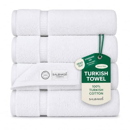 SALBAKOS 4-Piece 100% Turkish Cotton Bath Towels, 27x54 inch, White | Standard Size, 630 Gsm Thick Super Soft Highly Absorbent Quick-Dry Bathroom Towel, Premium Hotel & Spa Quality Made in Turkey - color: White, size: 4 Bath Towels