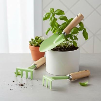 3-Piece Mini Garden Tool Set with Beech Wood Handles and Iron Heads for Indoor Plants, Succulents, and Small Pots - size: 11.02 x 3.54 x 1.18 in