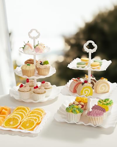 Kootek 10pcs Cupcake Stand Dessert Table Display Set Serving Tray for Party | 3-Tier Cupcake Stand, 6 Rectangular Trays, Hold 128 Standard Cupcakes, Cookie Display, BPA-Free, No Tools Required, Hand Wash - color: Bright White, size: 10 Set