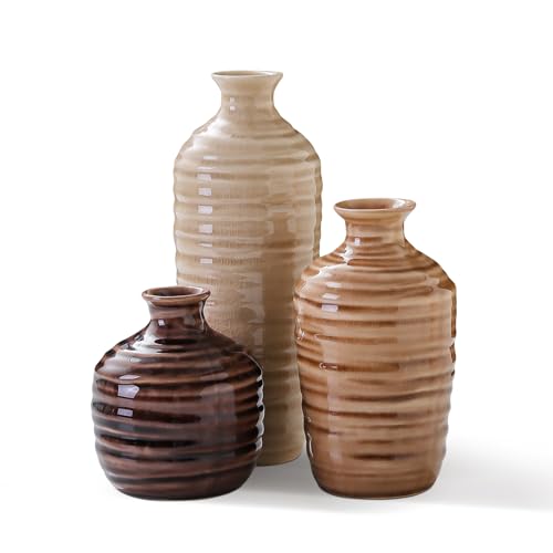 Unicasa Ceramic Vase Set of 3 with Pour Spout Neck Small Size Farmhouse | Horizontal Ribbed Design for Fresh Flower Pampas or Single Stem, Glossy Neutral Home Decor for Shelf Mantel Tabletop Gift for - color: Earth Tones