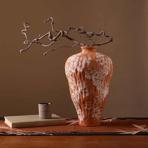 Rustic Farmhouse Terracotta Vase 11.8 inch, Handcrafted Unglazed Rough Clay Decorations with Distinct Natural Texture, Vintage Vase for Living Room Kitchen Bedroom Shelf Dining Mantel Decorations - size: 11.8 Inch