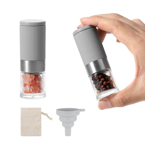 Mini Salt and Pepper Grinder Set, Small Tiny Adjustable Coarseness Ceramic Salt Grinder with Funnel and Bag Portable Handy Spice Pepper Mill Shaker For Outdoor Party Lunch Bag Kitchen Grey - color: Grey 2-Pack