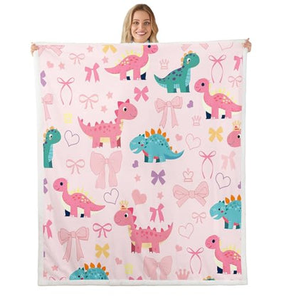 Cute Dino Kids Fleece Blanket,Kawaii Bowknot Heart Princess Style Throw Blanket for Adult,Pink Dinosaur Bow Tie Cartoon Animal Lightweight Polyester Sofa Sherpa Blanket, Queen (90 x 90 Inch) - color: 01 Pink Blue, size: Queen