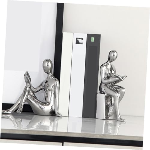 Modern Ceramic Silver-Plated Bookends Pair Decorative Reading Figurines for Home Office Aesthetic Desk Decor Unique Shelf Decorations for Living Room