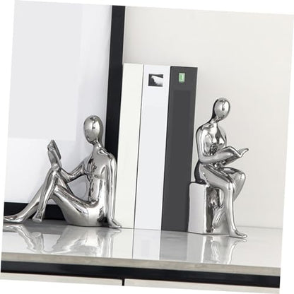 Modern Ceramic Silver-Plated Bookends Pair Decorative Reading Figurines for Home Office Aesthetic Desk Decor Unique Shelf Decorations for Living Room