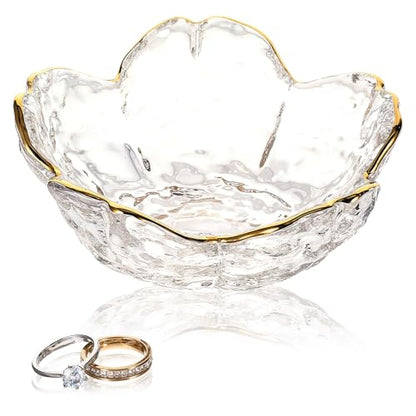 Ouligay Small Cute Jewelry Dish Tray Flower Jewelry Ring Dish Trinket Tray Ring Holder for Women Glass Jewelry Plate Dish with Gilt-Edged Blossom Design Gift for Wife Mom Daughter(Transparent) - color: Transparent