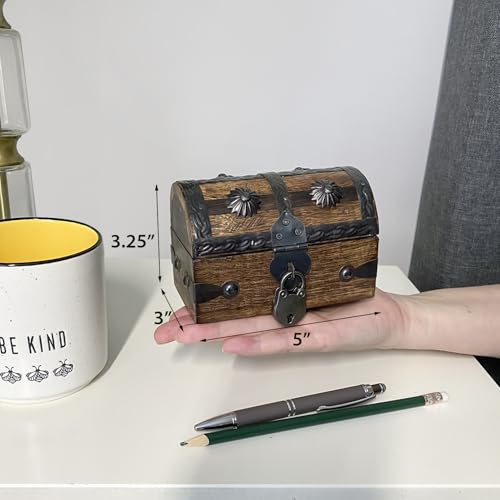 Keepsake Wooden Treasure Chest with Antique Jewelry Lock and Key (Small 5x3x3.25) – Decorative Box, Pirate Wooden Chest, Wood Box with Lid, Rustic Storage Chest - size: Small 5 x 3 x 3.25"
