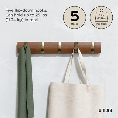 Umbra Flip Coat Rack, Wall Mounted 5-Hook Space Saving, Walnut/Gold | Real wood and steel build, retractable hooks fold flat, holds coats bags and scarves, easy install - color: Walnut/Gold, size: 5-Hook