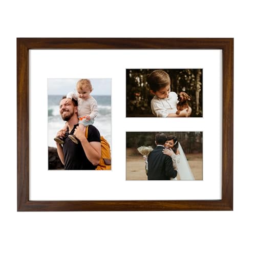 Golden State Art 11x14 Brown Wood Picture Frame for 5x7 and 4x6 Photos | 3 Opening Picture Frame,White Mat included,Real Glass, Sawtooth Hanger - Wall Mounting - Great for Posters, Weddings(1 Pack) - color: Brown&White Mat-1P, size: 1 5x7 And 2 4x6