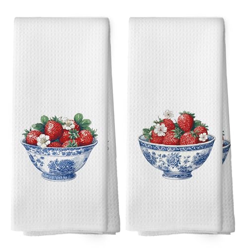 Chinoiserie Strawberry Bowl Kitchen Towels Set of 2, Blue and White Porcelain Hand Towel, Grand Millennial Home Dining Room Decorative Tea Towel Dish Towels 16x24 Inch - color: Color 24