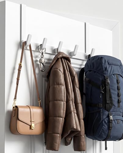 KitchLife Over The Door Hooks - Heavy Duty 5-Hook Organizer, 80lb Total Capacity for Robes, Coats & Towels, Fits 1 3/8" Doors, L18U, Gap-Free & Scratch-Free Design, White,1-Pack - color: Glossy White, size: Fits 1-3/8" Doors with 7" Arms-1 Pack